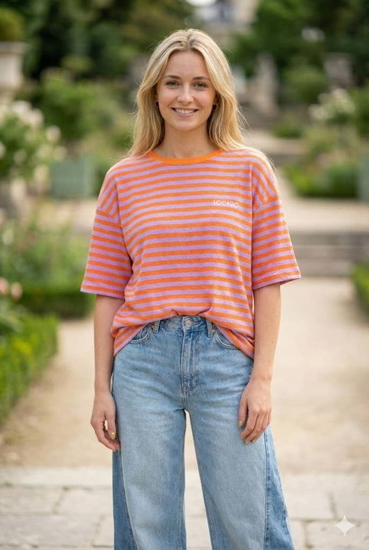 Loszittend gestreept T-shirt met knoop: Orange / Taille unique