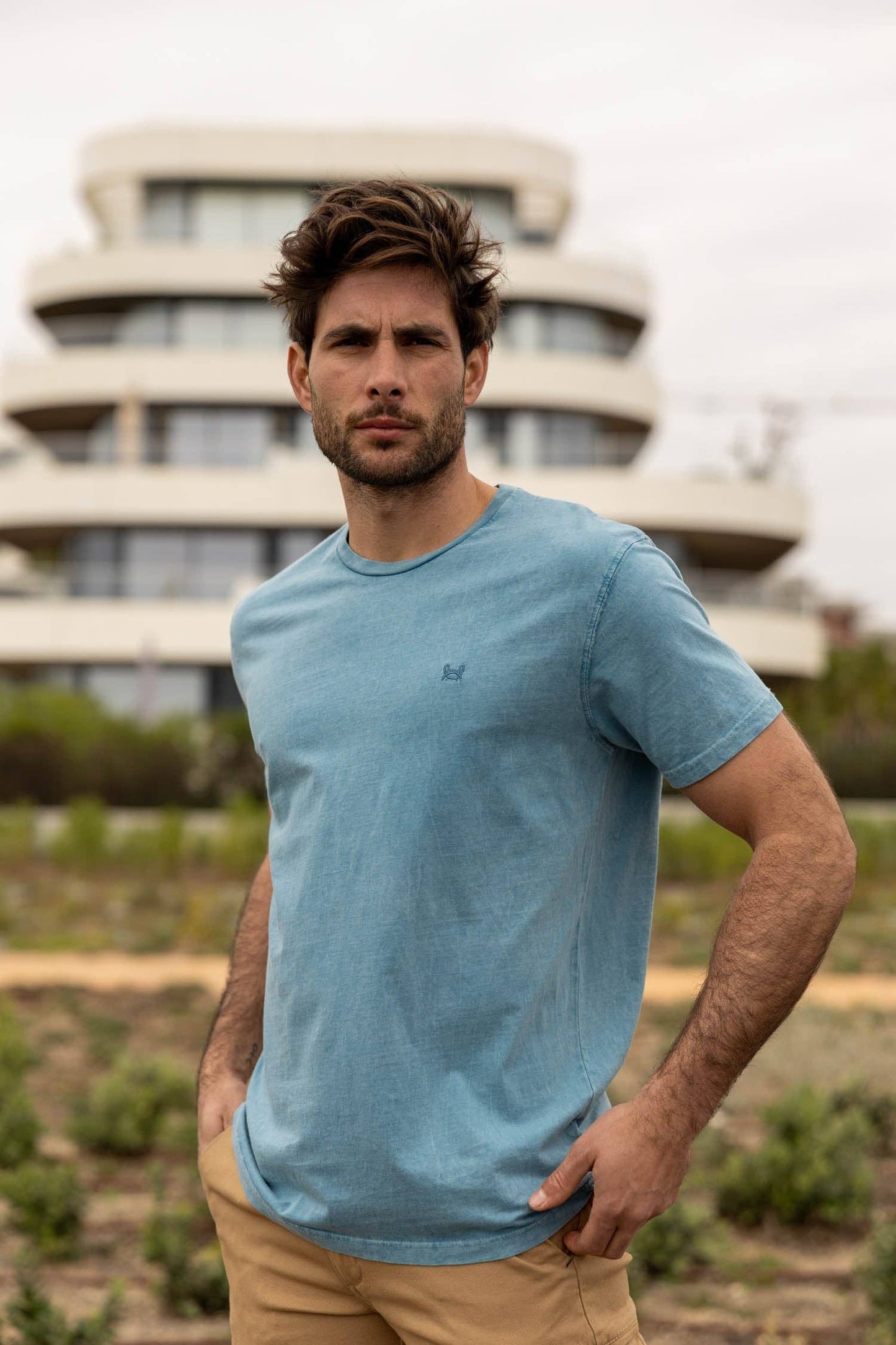 Blauwgroen gewassen T-shirt: Taling / S