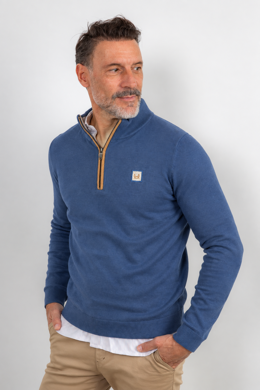 Trui met halve rits van blauw suède Devin: S