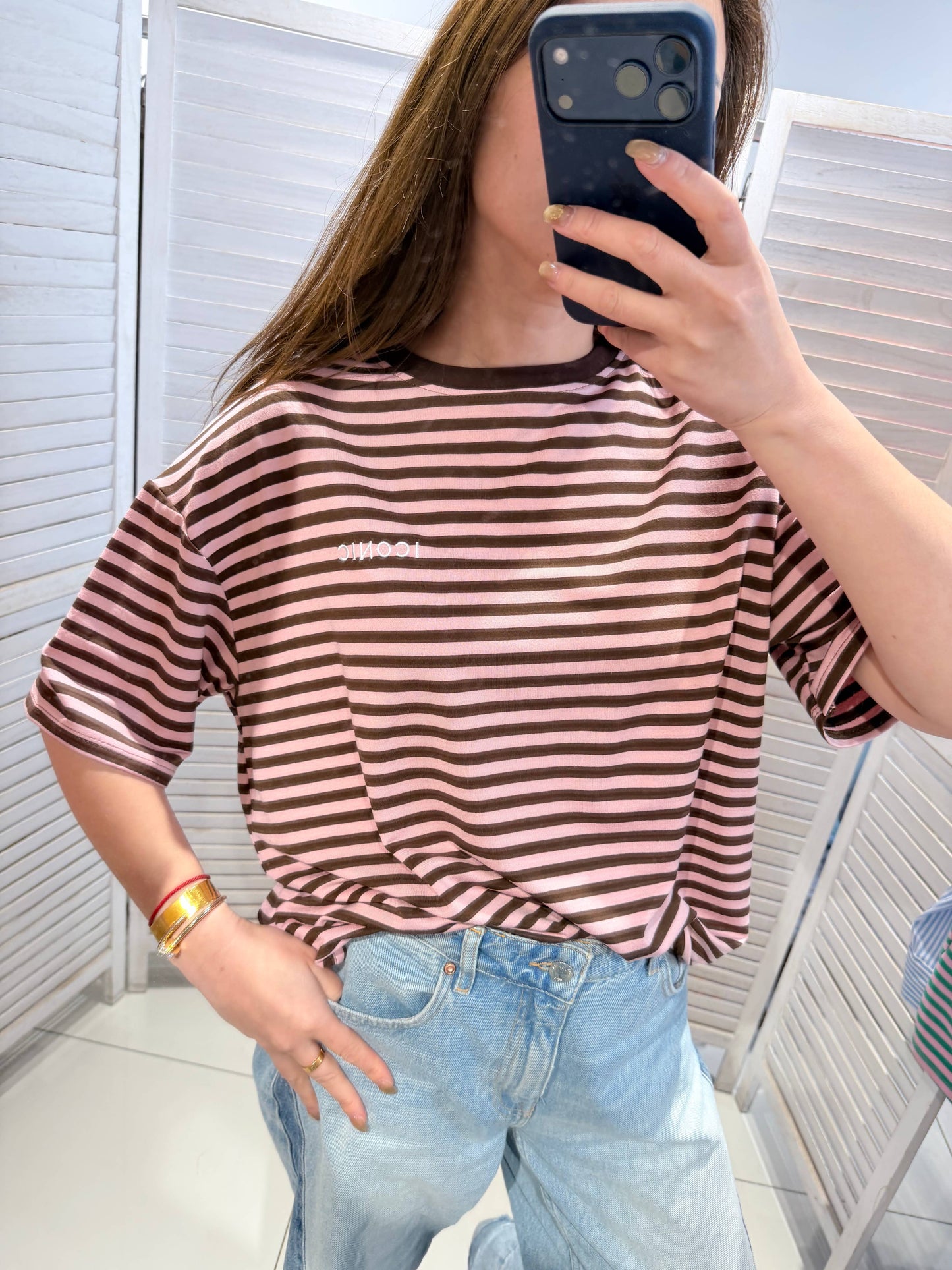 Gestreept T-shirt met korte mouwen: Bruin / Eén maat