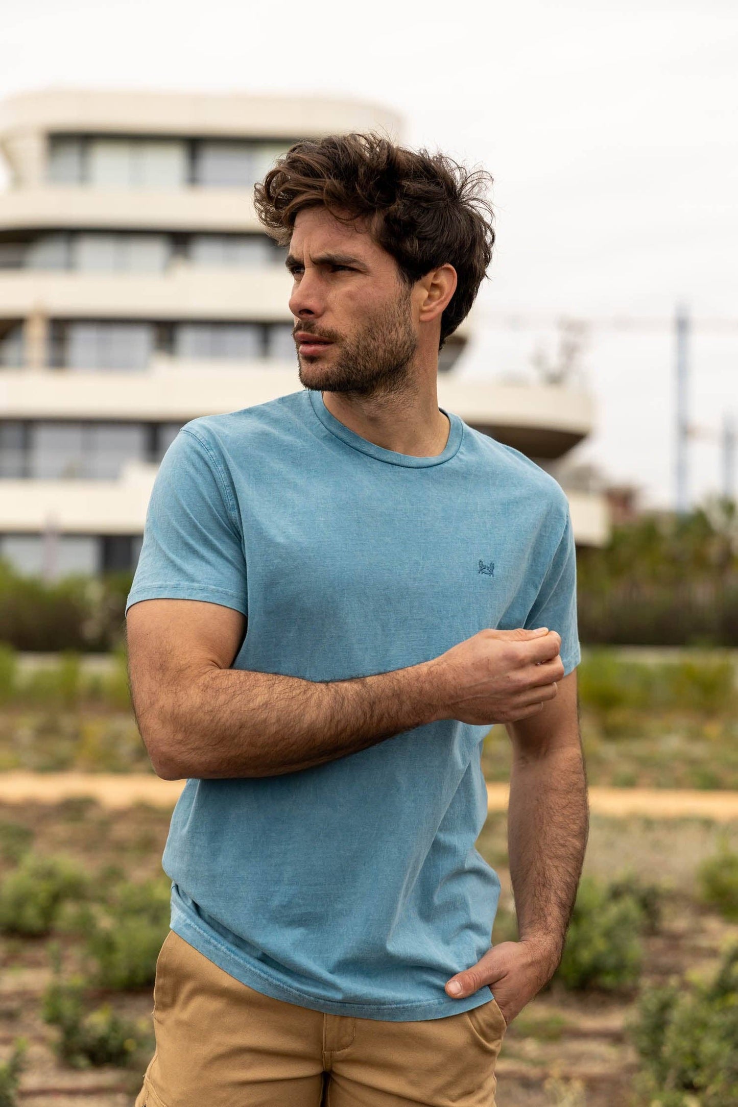 Blauwgroen gewassen T-shirt: Taling / S