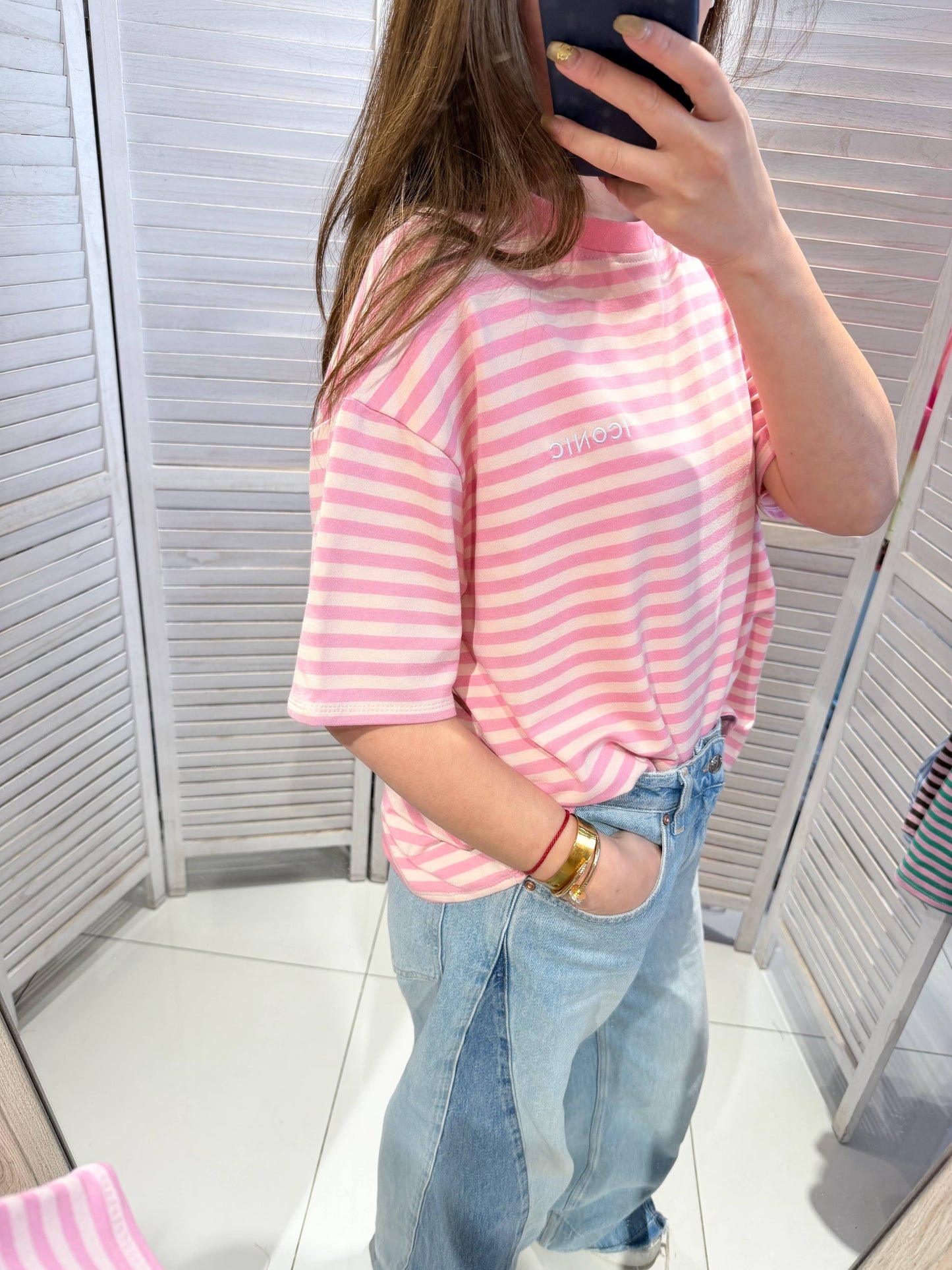 Gestreept T-shirt met korte mouwen: Roze / Eén maat
