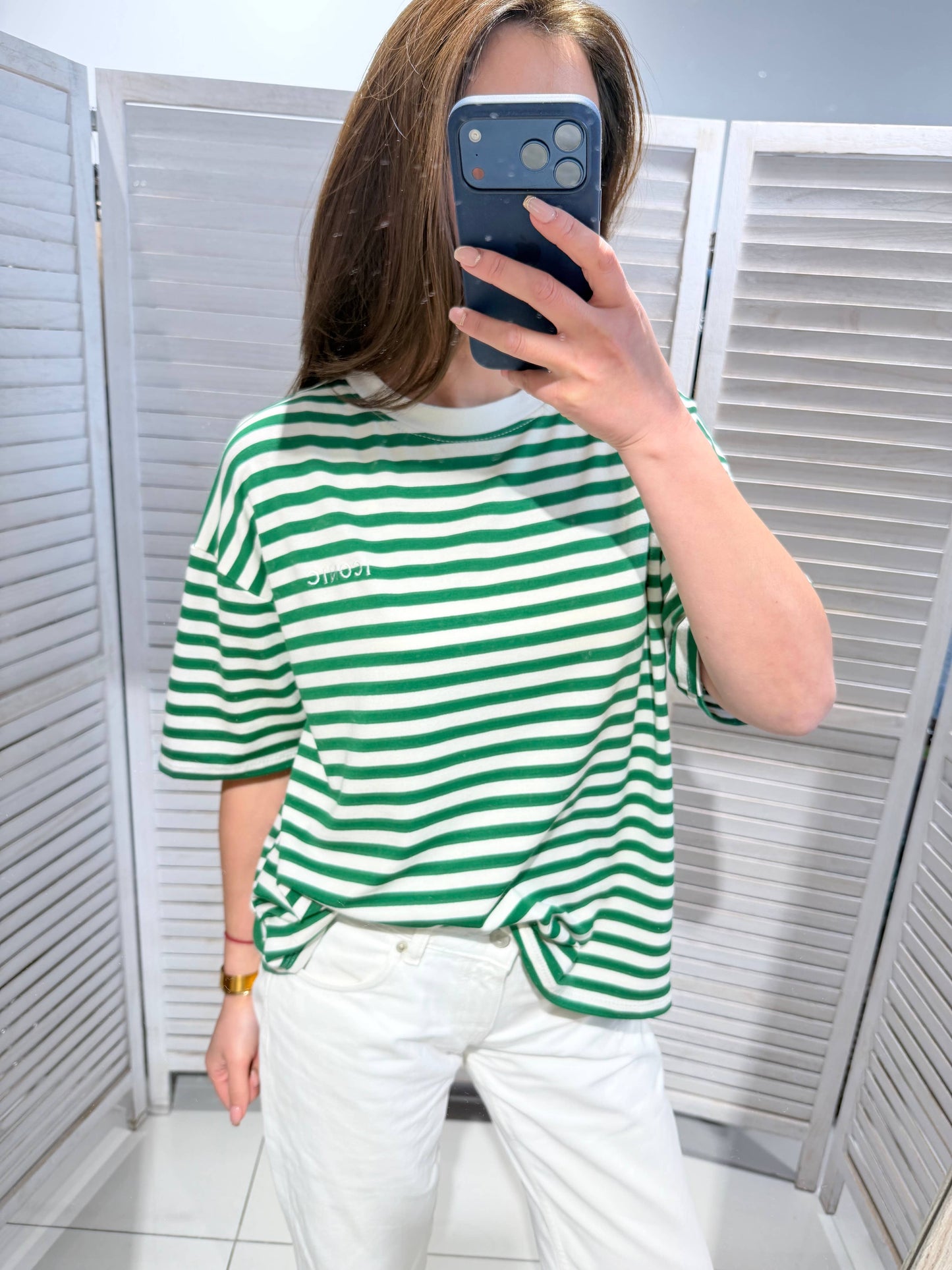 Gestreept T-shirt met korte mouwen: Fles groen / Eén maat