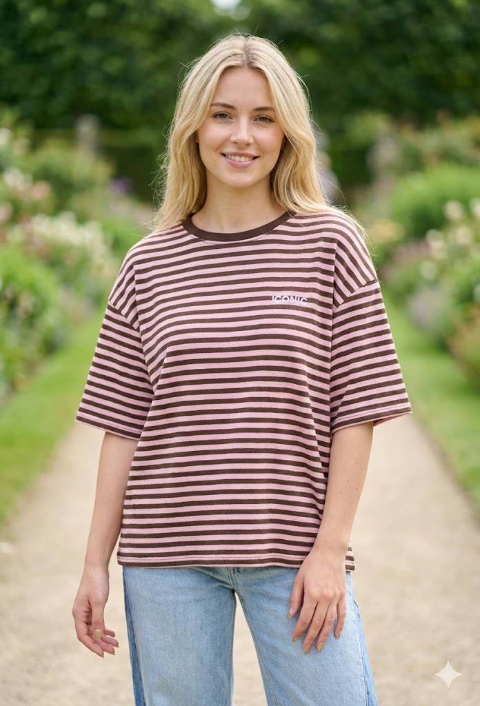 Gestreept T-shirt met korte mouwen: Bruin / Eén maat
