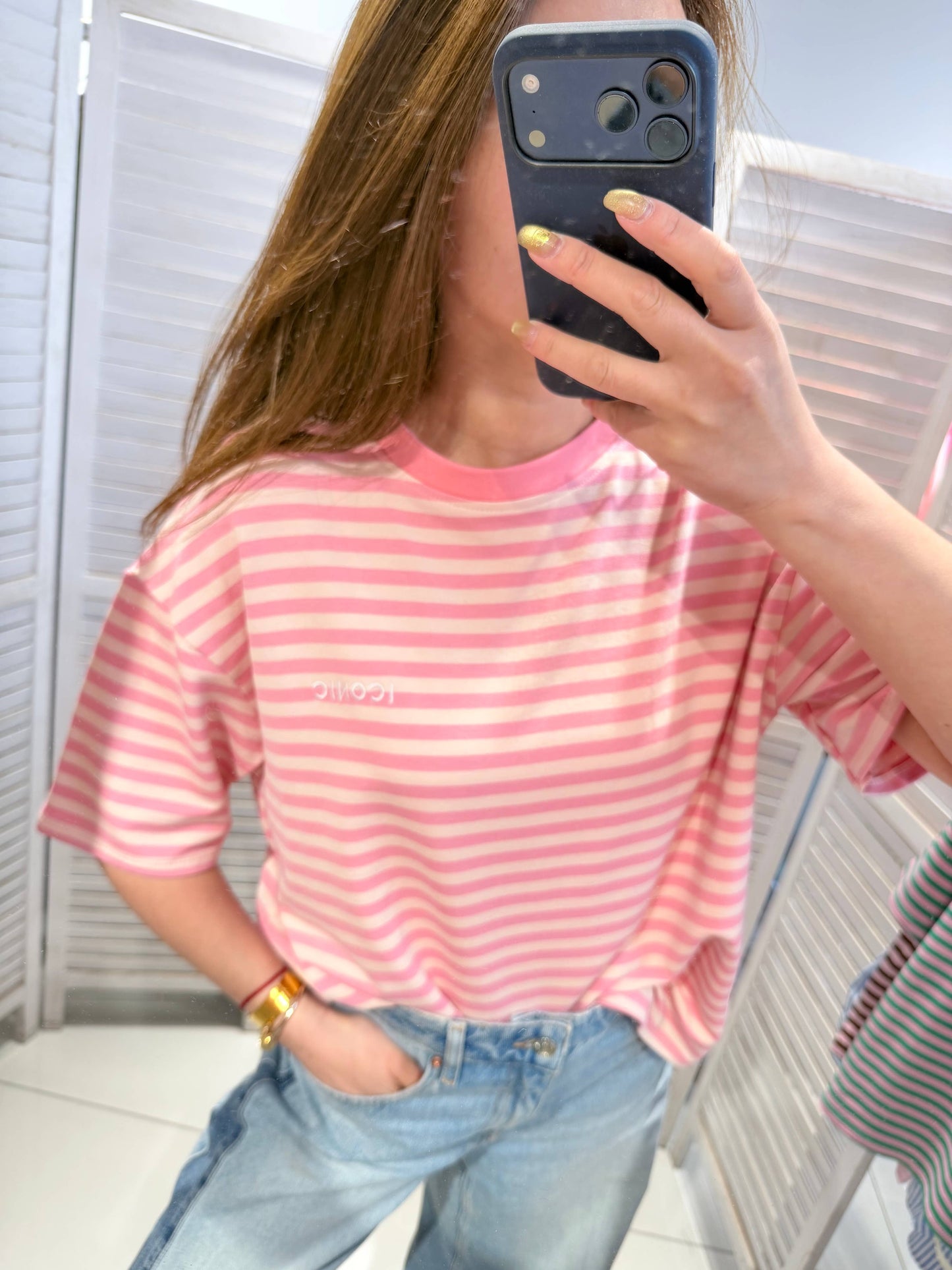 Gestreept T-shirt met korte mouwen: Roze / Eén maat