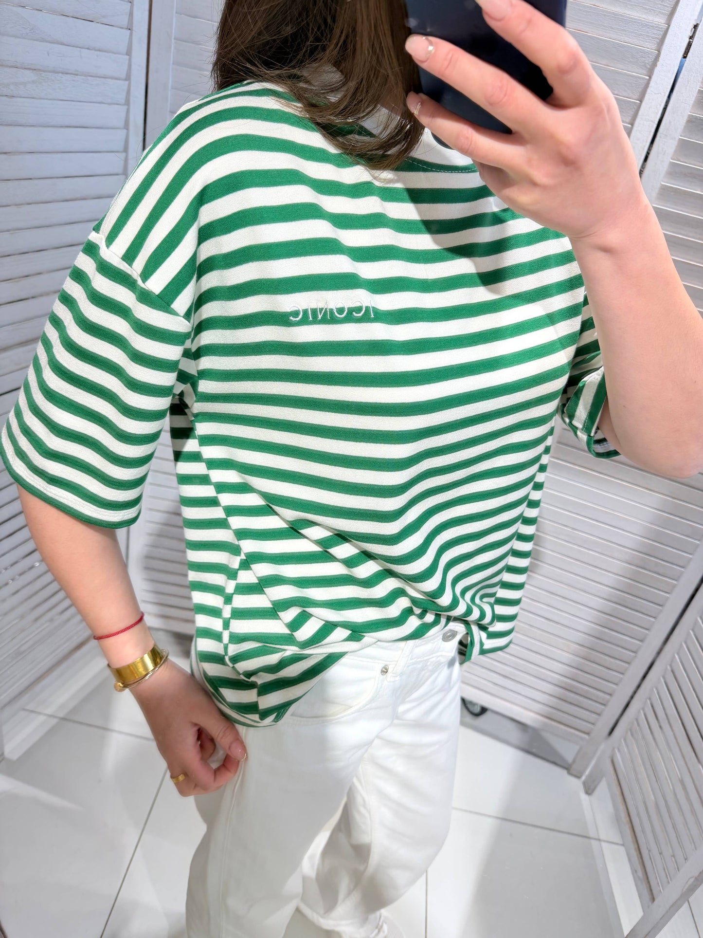 Gestreept T-shirt met korte mouwen: Fles groen / Eén maat