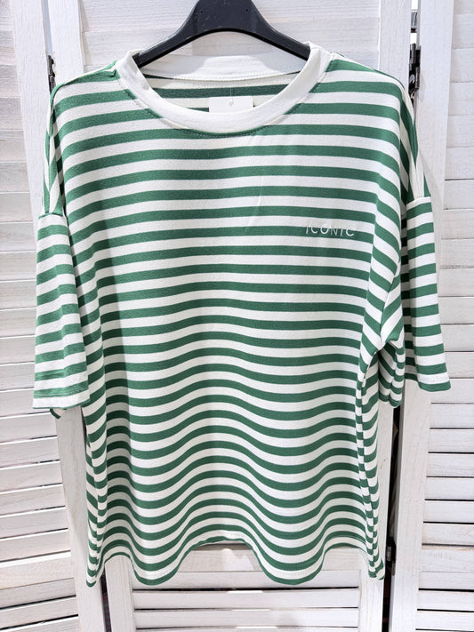 Gestreept T-shirt met korte mouwen: Fles groen / Eén maat
