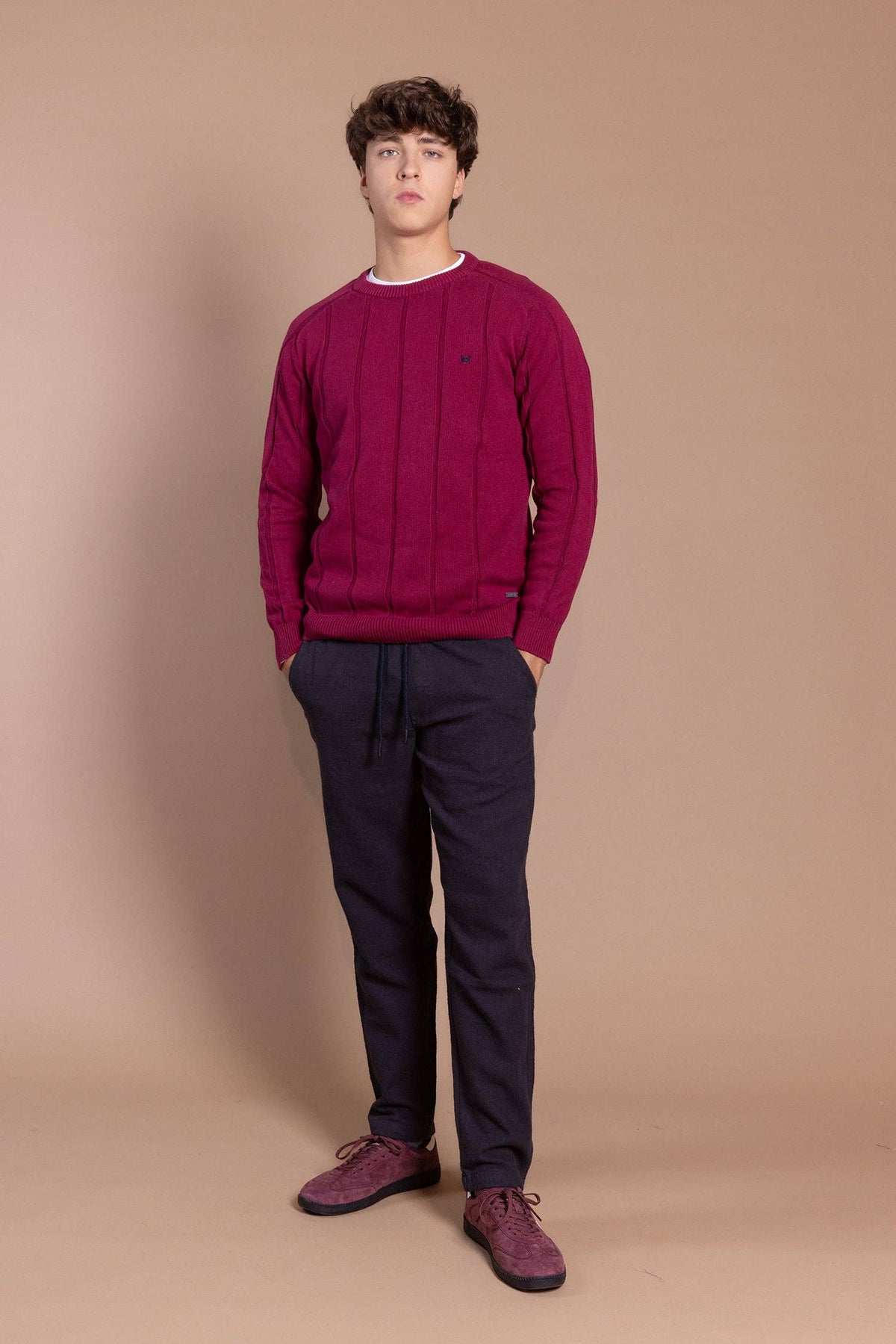 Bordeaux trui met verticale strepen: M